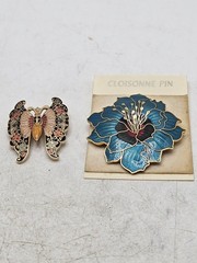 Vintage Cloisonne Brooch Lot Of 2, 1 Flower, 1 Butterfly. Unmarked