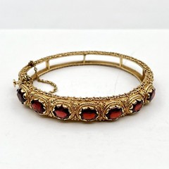VTG Sydney Berman 13k Yellow Gold Ornate Almandine Garnet 6.5″ Bangle Bracelet
