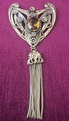 GOLDTONE ART NOUVEAU 5” FABULOUS ORNATE FLORAL BROOCH TOPAZ COLOR STONE W/TASSEL