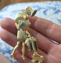 Vintage AJC Woman Shopper With Bags & Dog Gold Tone Pin Brooch