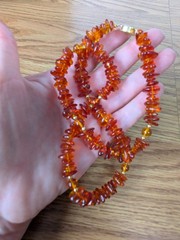 Vintage Genuine Baltic Amber Necklace Chip Cognac Gold Filigree Box Clasp 20”