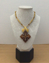 Quatrefoil Pendant Necklace Amber Color Lucite Metal Textured & Beaded Chain