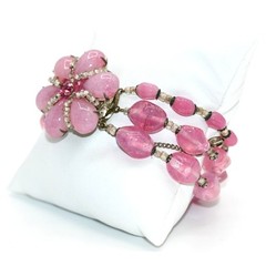 Vintage Signed Miriam Haskell Pink Art Glass 3 Strand Floral Bracelet