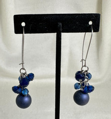 Midnight Blue Beads and Crystals Silver Tone Dangle Earrings – 2 1/2″
