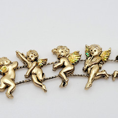 Cherub Angels Iridescent Glitter Wings Gold Tone Vtg Slide Bracelet 7.5 Inch