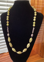 Vintage Stone & Glass Beaded Necklace Yellow + Lavender 24″