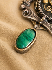 Antique Gold Silver Religious Pendant Virgin Mary Malachite Large Rare