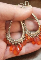VINTAGE ORANGE BEADED CHANDELIER SILVER TEARDROP PENDANT DANGLE DROP 3″ EARRINGS