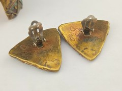 Chunky Vintage Elaine Coyne Verdigris Brass Clip Earrings & Cuff Bracelet Set