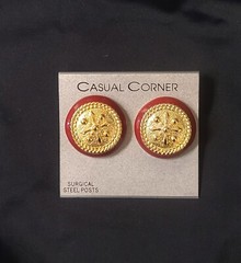 Casual Corner 1980s Vintage Post Earrings Gold Maroon Button Enamel Signed NOS