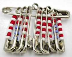 VTG hand made open work SAFETY PIN BEAD charm Brooch red white blue silver tone