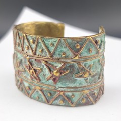 Chunky Vintage Elaine Coyne Verdigris Brass Clip Earrings & Cuff Bracelet Set