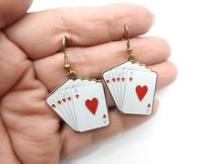 Red White Enamel Royal Flush Gold Tone Cards Dangle Pierced Earrings Vintage