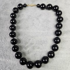 Vintage Black Glass Beaded Necklace Collar Gold-Tone Barrel Clasp