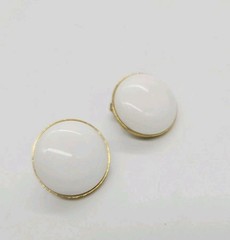 Monet White Clip-on Earrings Gold Tone Round Button Art Deco Vintage .75 in