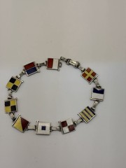 Vintage Enameled Sterling Silver Nautical Flag Sweetheart Bracelet 8.5”