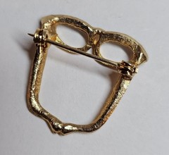 vtg Goldtone Brooch Pin Cat-Eye Glasses w/ Red Stones- S3