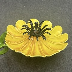 Vintage 3D Enamel Metal Flower Brooch Pin Yellow Daisy Black Center With Stem