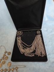 Vintage Bohemian Silver-Toned Coin Bracelet Anklet Dangle Charm ADJ. & Broach.