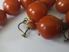 Antique BAKELITE NECKLACE Tapered Beads w RARE MATCHING EARINGS 3 pc Red Orange