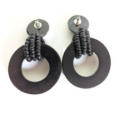 Vintage Boho Ethnic Tribal Wood Beaded Chunky Black White Statement Earrings