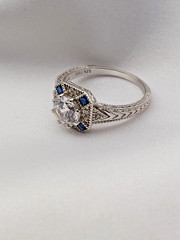 Vintage BBJ Sterling 1.00ct Round Crystal 4 Blue Sapphire Art Deco ring Sz9 4gr