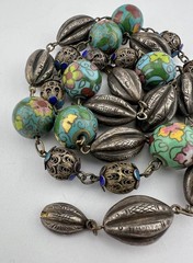 Old Chinese Export Silver Enamel Cloisonne Filigree Melon Bead Chain 26.5″-72.5g