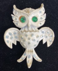 Owl Brooch Green Eyed White Enamel Vintage *Read