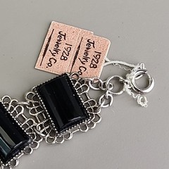 Vintage 1928 Brand Panel Bracelet Black Glass Silver Tone Filigree 7″