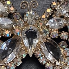 Signed Kramer Rhinestone Butterfly Brooch Clear & AB Gold Tone Vintage 1950s
