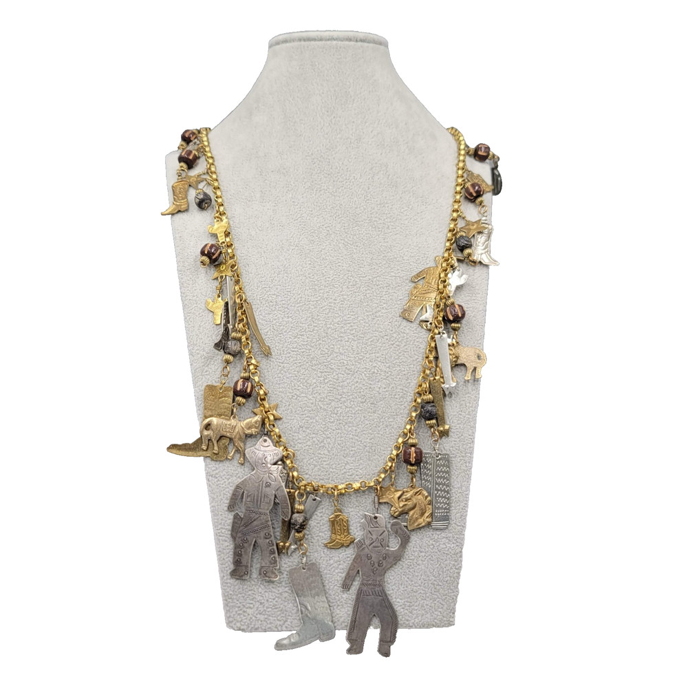 Vintage Mexican Folk Art Necklace Cowboys Indians Figural Dangling Charms 30″