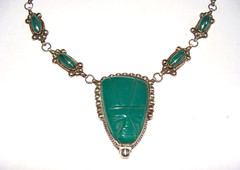Vintage Mexico Sterling Silver Green Onyx Aztec Warrior Face 17″ Necklace 51.8g