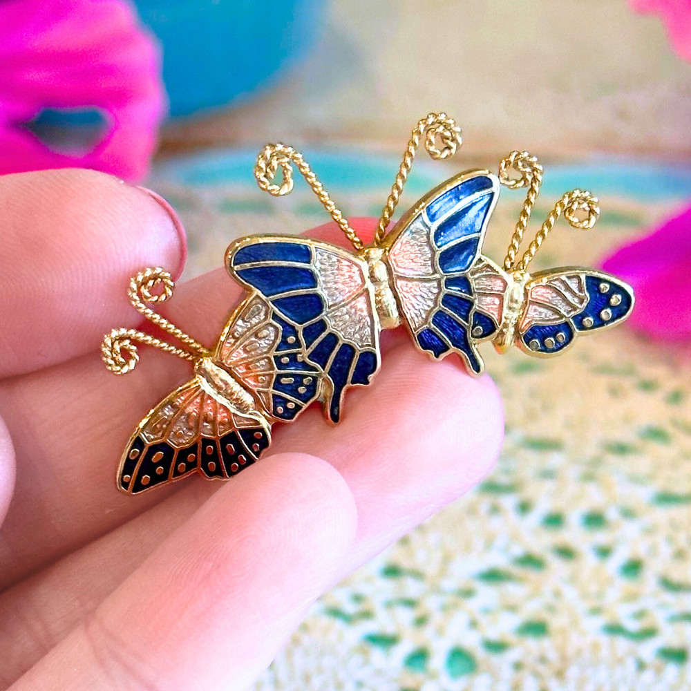 Vintage Butterfly Brooch Gold Tone Blue Enamel Style Acrylic Pin Cloisonne Style