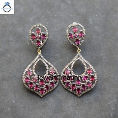 Natural Pave Diamond Earrings 925 Sterling Silver Rhodonite Gemstone Jewelry