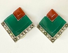 Vintage 1928 3 piece LOT RARE Art Deco Silver marcasite green jade orange glass
