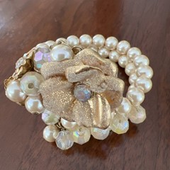 MIRIAM HASKELL FAUX PEARL CRYSTAL RHINESTONE FLOWER WRAP BRACELET / 2 STRAND