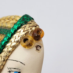 Lady Face Hand Painted Resin Braided Bead Long Hair Art Deco Revival Brooch Pin