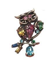 Vintage Multicolor Pastel Rhinestone Adorable Owl Bird Animal Figural Brooch Pin