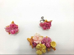 Vintage Celluloid Pansy Flower Brooch and Clip Earrings, 1930s-40s Floral Set.