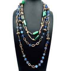 Vintage Station Bead Long Necklaces Green Blue Glass Beads Gold Tone 36″ 48″ 60s
