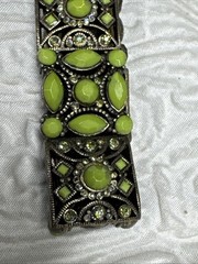 Vintage Green Faceted Cabochon & AB Rhinestones Ornate Stretch Bracelet