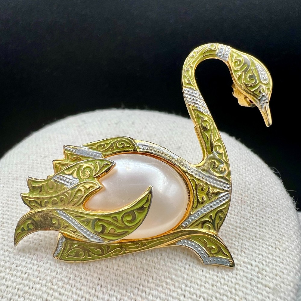 Vintage Spain Swan Brooch Gold Tone Scroll Faux Pearl Pin Spanish Jewelry 2 Inch