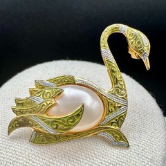 Vintage Spain Swan Brooch Gold Tone Scroll Faux Pearl Pin Spanish Jewelry 2 Inch
