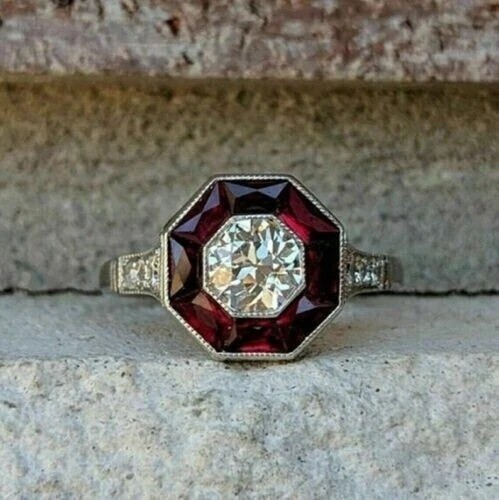 Art Deco Lab-Created Diamond & Garnet Hexagonal Frame 14K White Gold Finish Ring