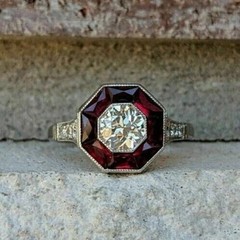 Art Deco Lab-Created Diamond & Garnet Hexagonal Frame 14K White Gold Finish Ring