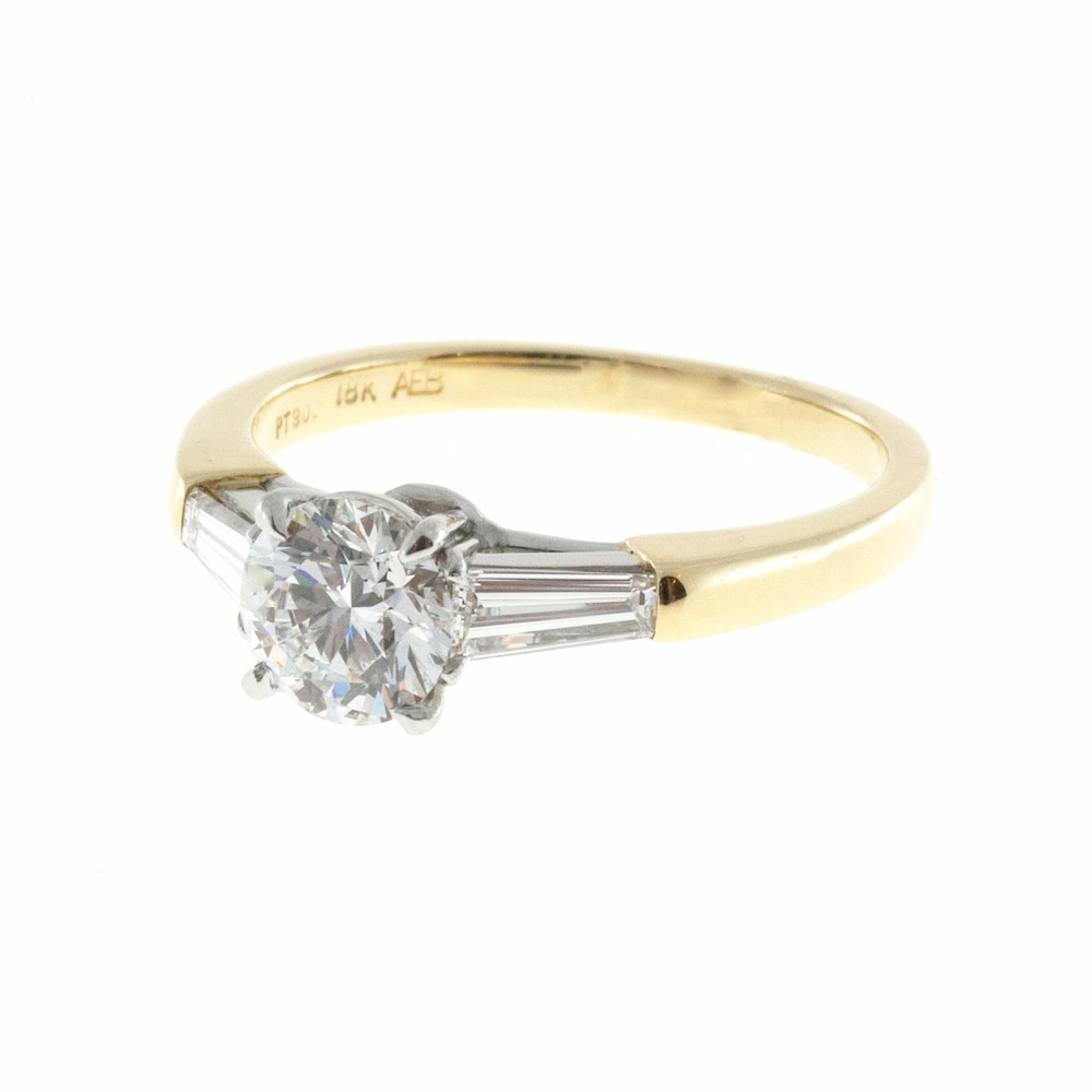 Vintage .90ct Ideal GIA Round Diamond Tapered Baguette 18k Gold Platinum Ring