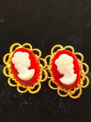 Vintage Red Cameo Post Earrings Gold Tone Filigree Victorian Revival