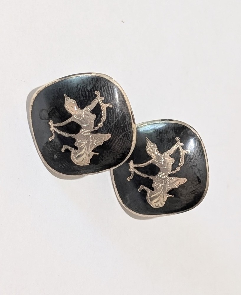 Vintage Sterling Silver 925 Siam Niello Hindu Goddess Screw Back Earrings