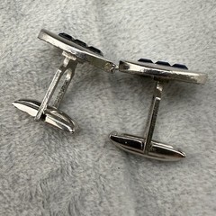Vintage Cufflink Tiebar Clip Set Silver Tone Blue Rhinestone