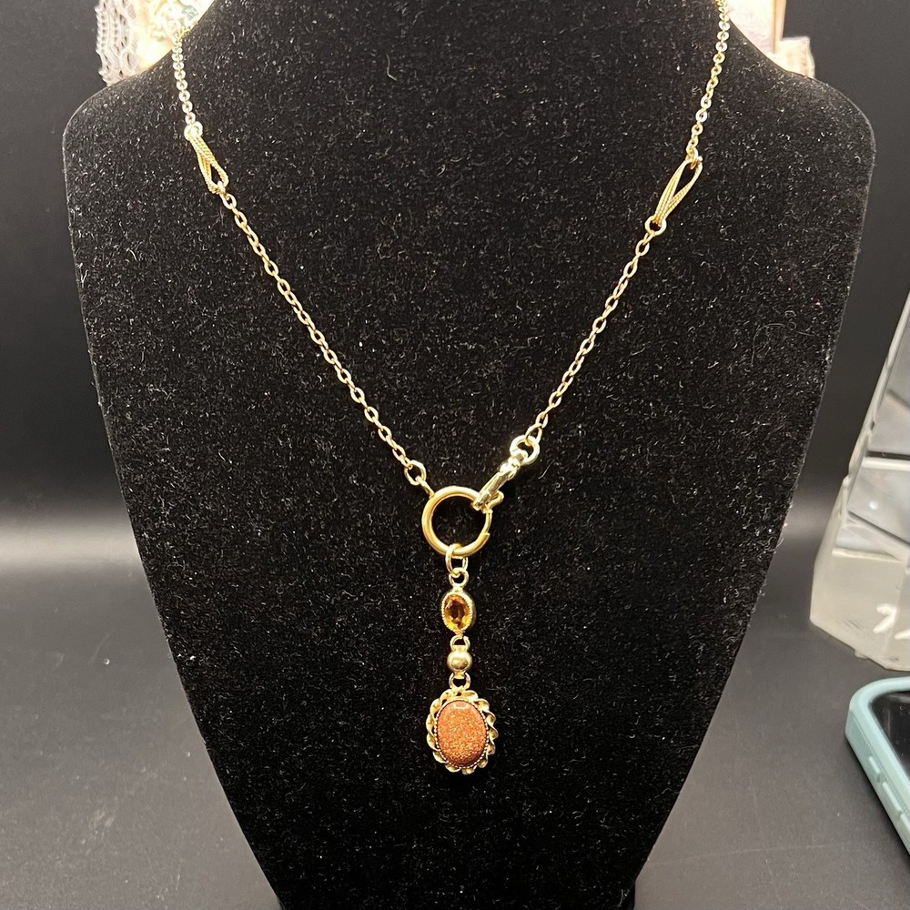 Vintage 12k GF Pocket Watch Chain FOB Necklace, Dog Clip,Goldstone & Citrine Gem
